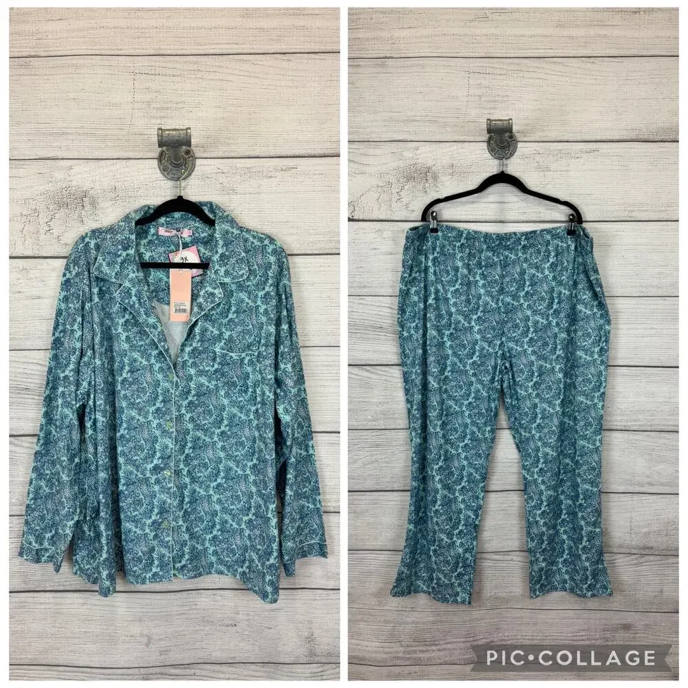 White Mark Plus Size Mint & Blue Paisley Matching Pajama Set Size 3XL